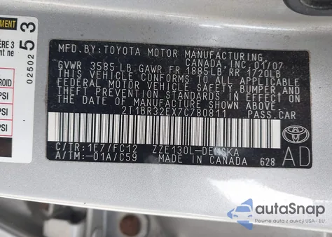 2007 Toyota Corolla S z USA, uszkodzony, nr VIN 2T1BR32EX7C780811